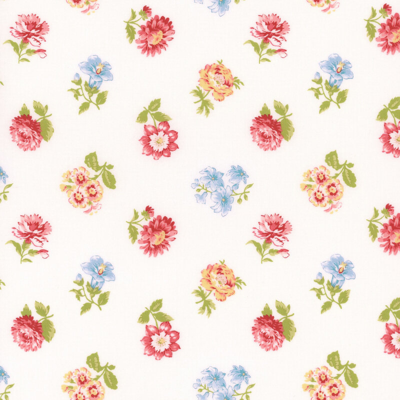 A light fabric pattern featuring various colorful flowers in pink, yellow, and blue on a white background.