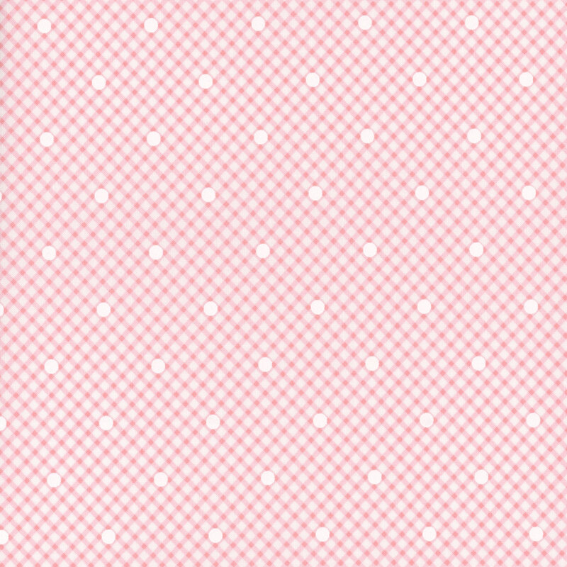 Pink gingham pattern with white polka dots evenly spaced across the background.