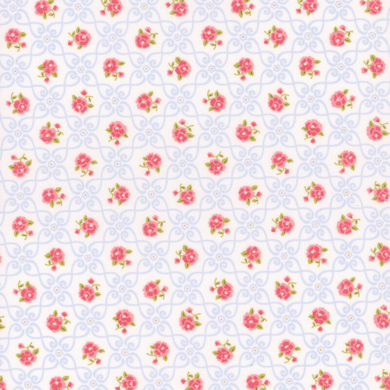 Repeating pattern of small pink roses on a light blue background with decorative swirls.