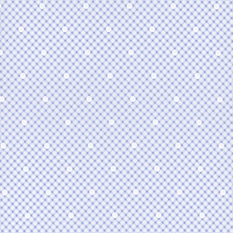 Light blue gingham pattern with white polka dots evenly spaced throughout the fabric.