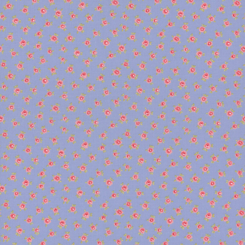 Light blue fabric featuring a scattered pattern of small pink roses.