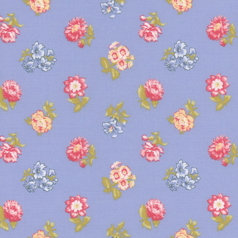 A light blue fabric featuring various small, colorful floral patterns in pink, red, and yellow.