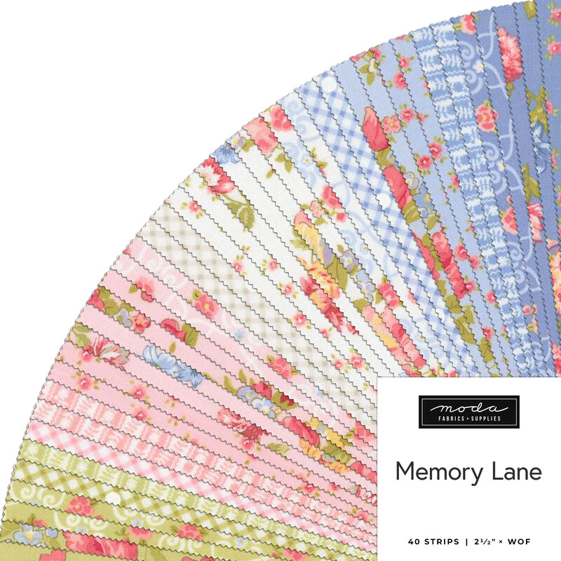 A fan of colorful fabric strips featuring floral and geometric patterns, labeled Memory Lane.