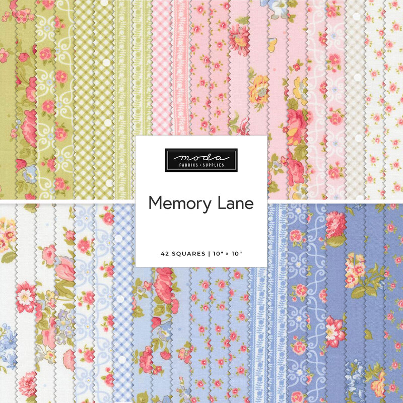 Collection of floral fabric squares in pastel colors, featuring various patterns, labeled Memory Lane.