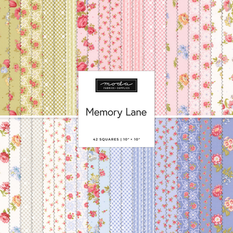 Collection of floral fabric squares in pastel colors, featuring various patterns, labeled Memory Lane.