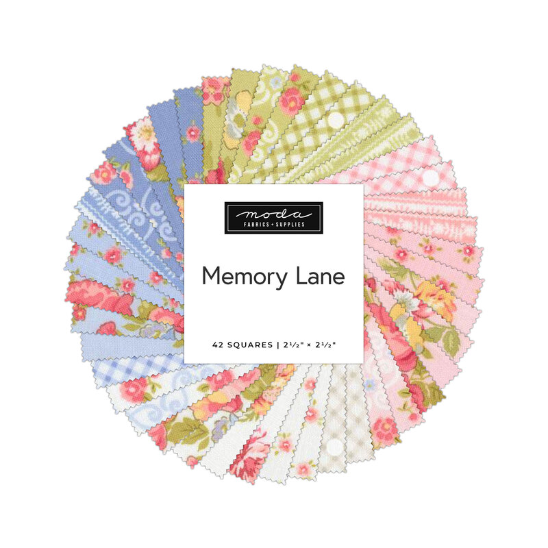 Colorful fabric squares arranged in a circular pattern, labeled Memory Lane by Moda Fabrics.