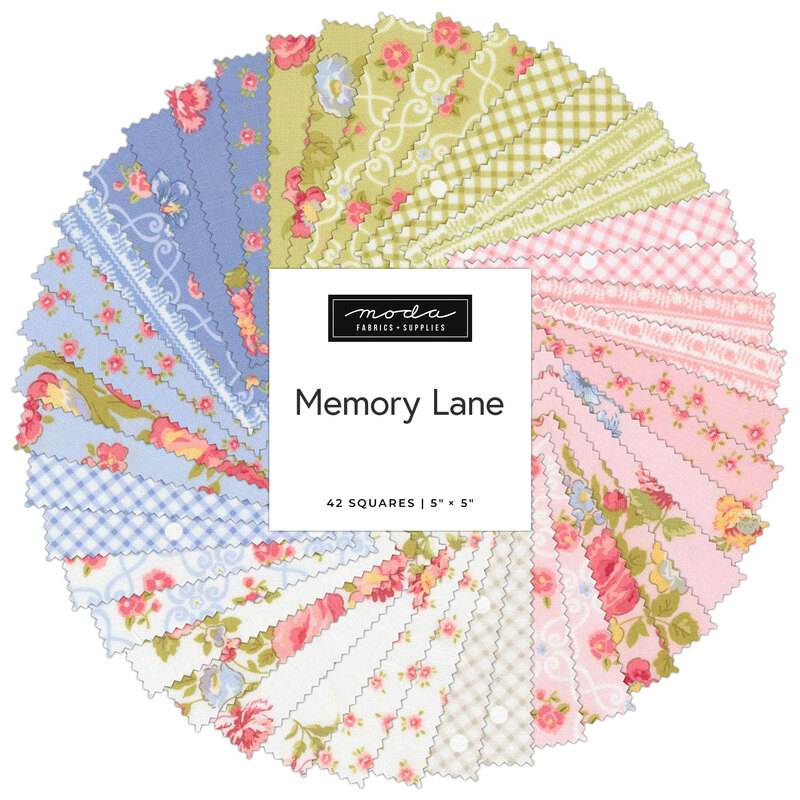 Assorted fabric squares arranged in a circle, featuring floral patterns and pastel colors, labeled Memory Lane.