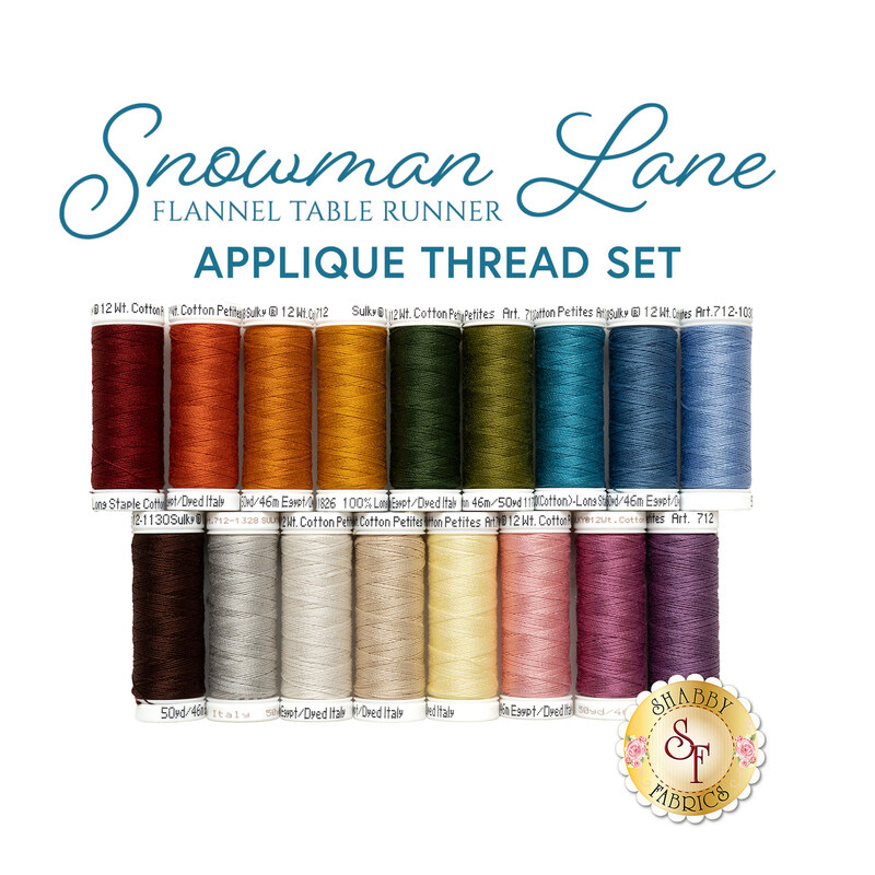 The Snowman Lane Flannel Table Runner - 17pc Applique Thread Set, isolated on a white background below a text graphic.