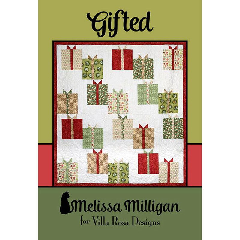 Front of the pattern featuring a quilt design with wrapped gift boxes in green and red, titled Gifted by Melissa Milligan.