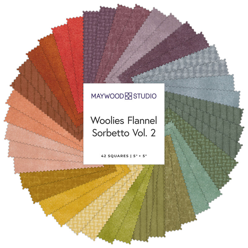 A circle of 42 flannel fabric swatches in various colors, labeled Wollies Flannel Sorbetto Vol. 2.