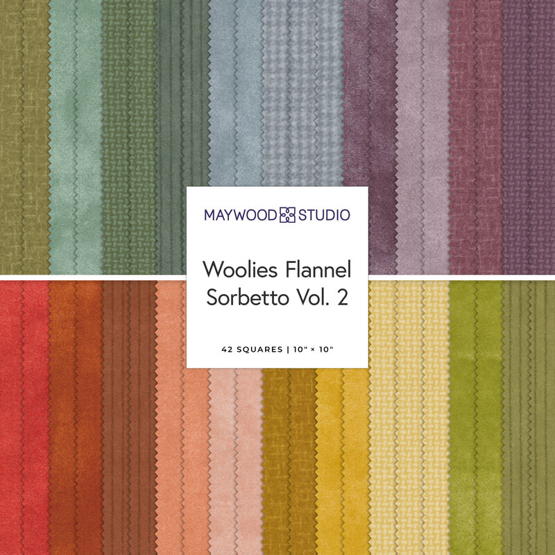 Fabric swatches of the Woolies Flannel Sorbetto Vol. 2 collection by Maywood Studio, featuring various colors.