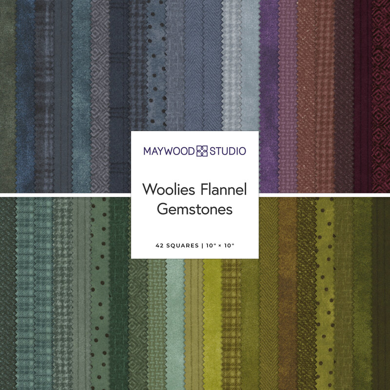 A collage of colorful flannel fabric squares in various patterns, labeled Woolies Flannel Gemstones.