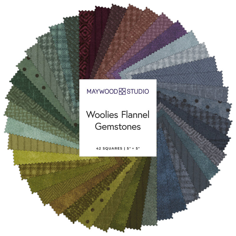 A circular arrangement of 42 flannel fabric squares in various colors and patterns, labeled Woolies Flannel Gemstones.