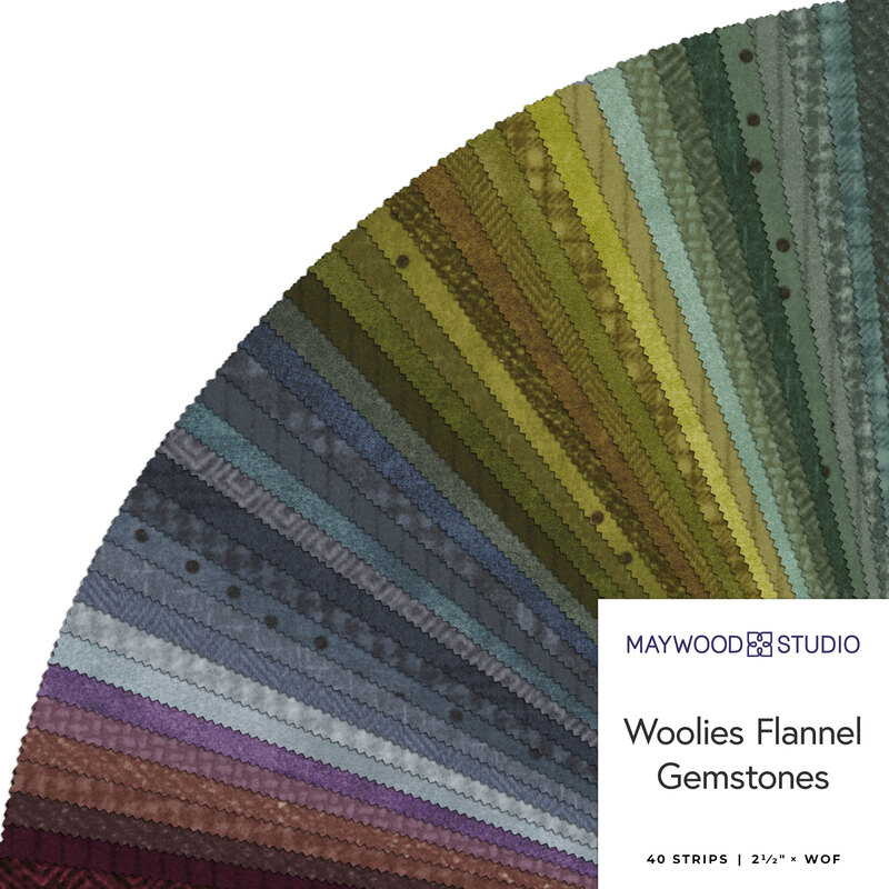 Colorful array of flannel fabric strips in various shades, labeled Woolies Flannel Gemstones.