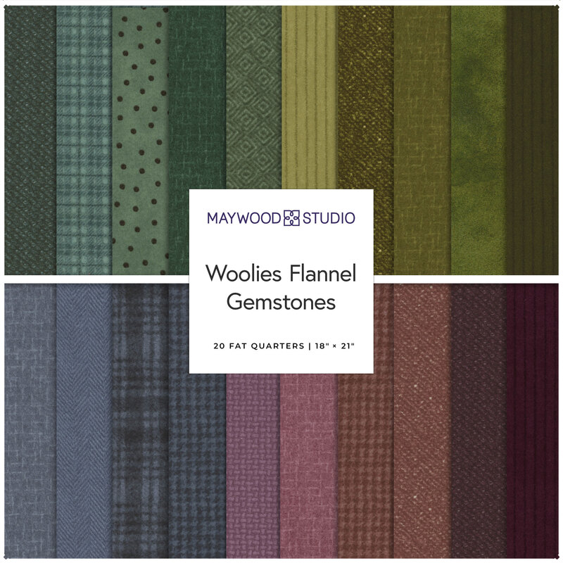 Collection of 40 fabric swatches in various shades of green, blue, purple, and brown labeled Woolies Flannel Gemstones.