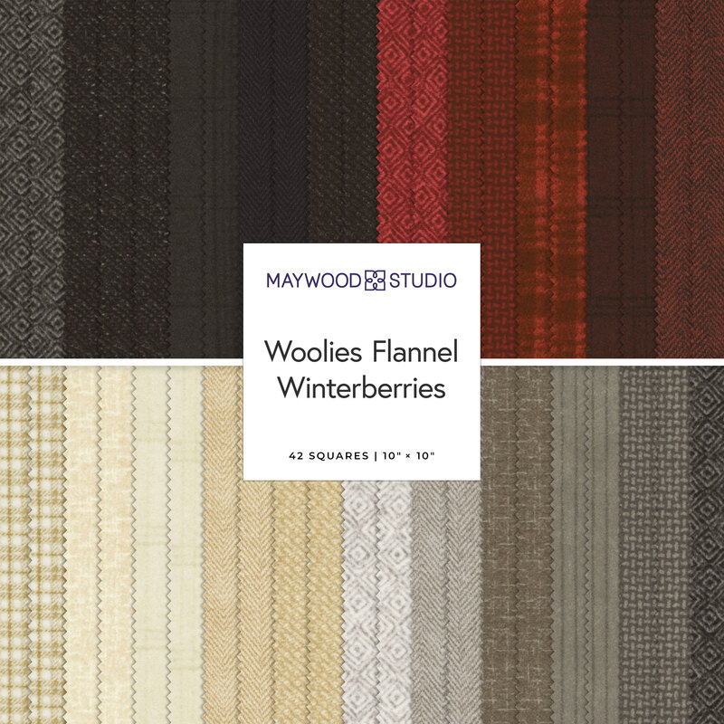 Colorful fabric squares featuring assorted flannel patterns labeled Woolies Flannel Winterberries.