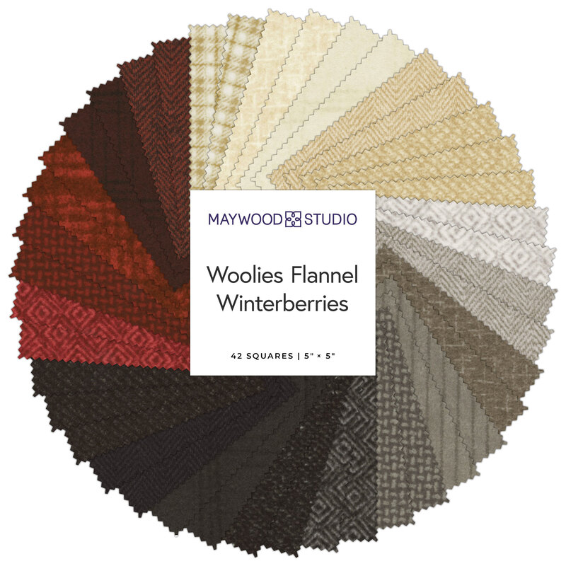 A circular arrangement of 42 fabric swatches in various colors and patterns labeled Woolies Flannel Winterberries.