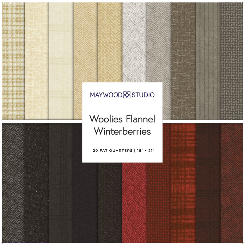 A collection of 20 fat quarters of flannel fabric in various colors and patterns labeled Woolies Flannel Winterberries.