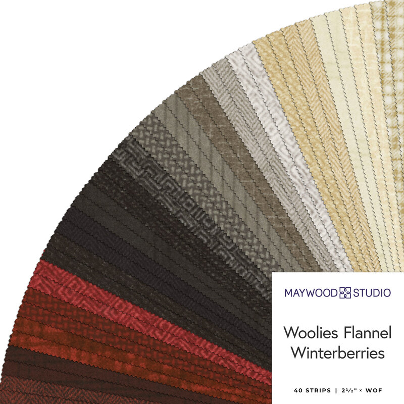 Colorful collection of flannel fabric strips in various patterns, labeled Woolies Flannel Winterberries.