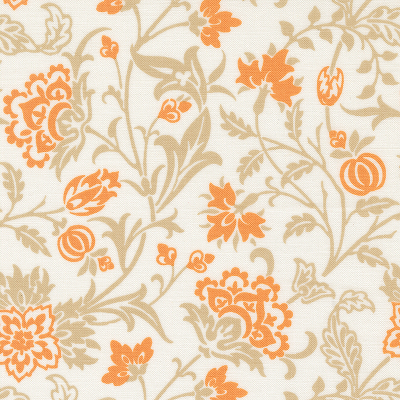 Floral fabric pattern featuring orange flowers and leaves on a cream background.