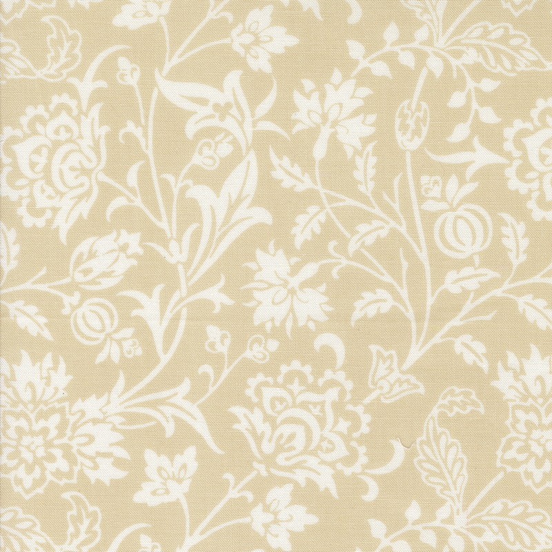 A textured fabric featuring a delicate white floral pattern on a soft beige background.