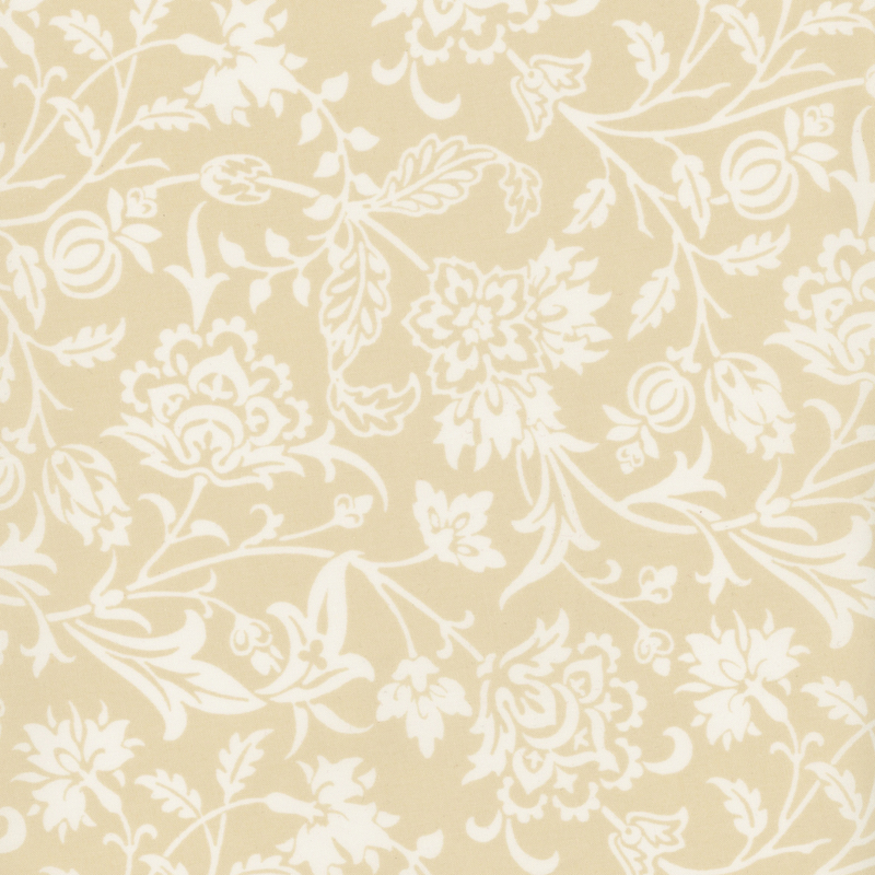 A textured fabric featuring a delicate white floral pattern on a soft beige background.