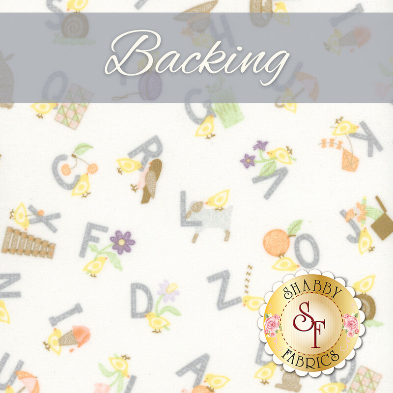 A light fabric background with playful letters and illustrations, labeled Backing at the top.