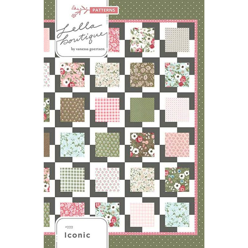 Pattern cover featuring a quilt design with floral and checkered squares in various colors