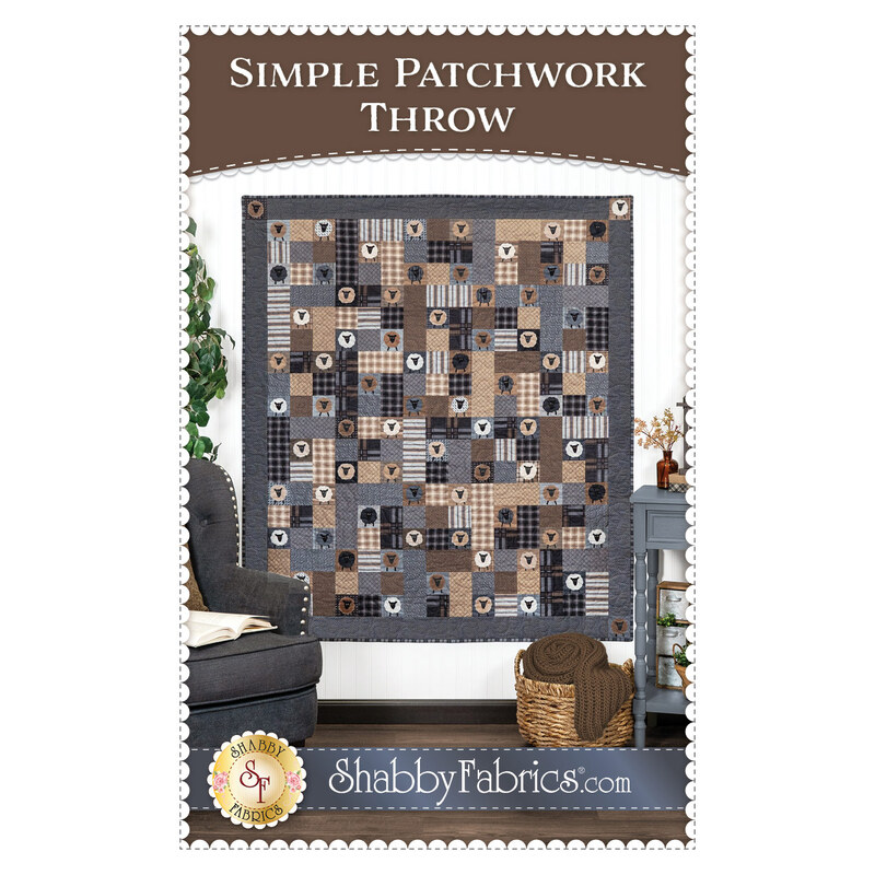 Front cover of the pattern showing the completed Simple Patchwork Throw in shades of gray, brown, and tan, hung on a white paneled wall and staged with coordinating furniture and decor.