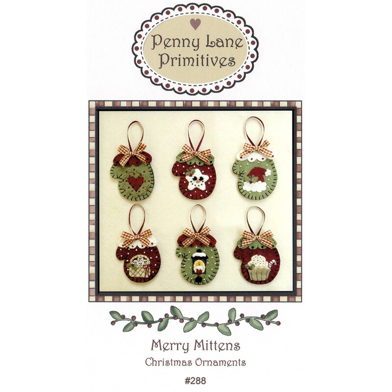 The front of the Merry Mittens pattern featuring the finished ornaments displayed on a wool background.