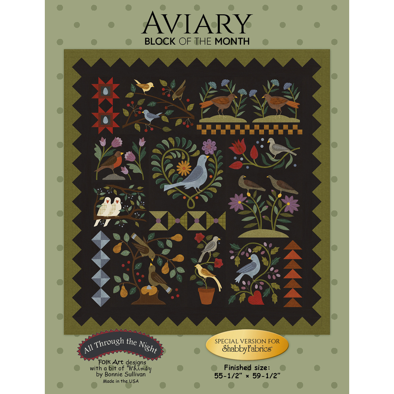 Front cover of the Aviary Block of the Month Quilt pattern, a rainbow palette flannels depicting various birds on a black flannel background.