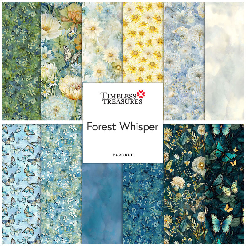 A collage of the fabrics included in the Forest Whisper fabric collection.