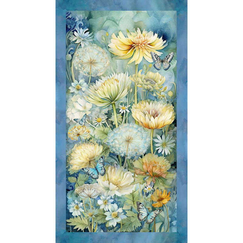 A panel of yellow and blue dandelions, chrysanthemums, and daisies with butterflies flying between on a mottled background with a blue border.