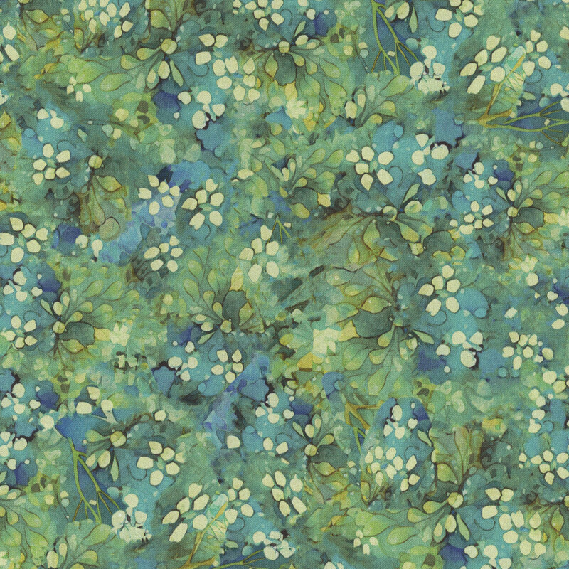 A watercolor pattern of abstract light green flowers with green leaves on a fern green mottled background.