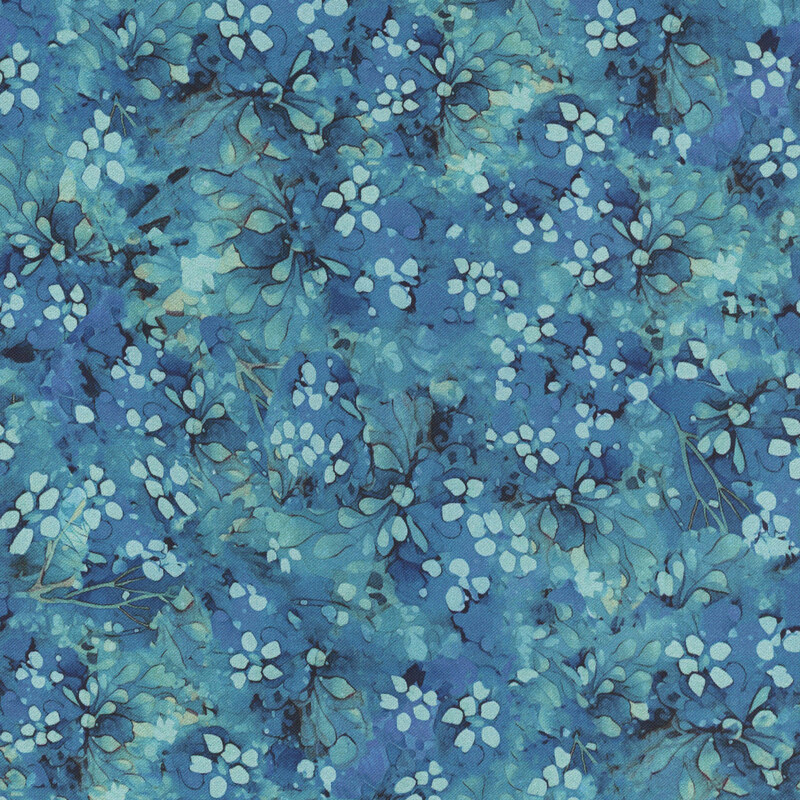 A watercolor pattern of abstract medium teal flowers with aqua leaves on a blue mottled background.