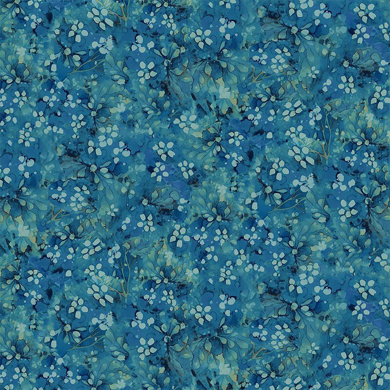 A watercolor pattern of abstract medium teal flowers with aqua leaves on a blue mottled background.