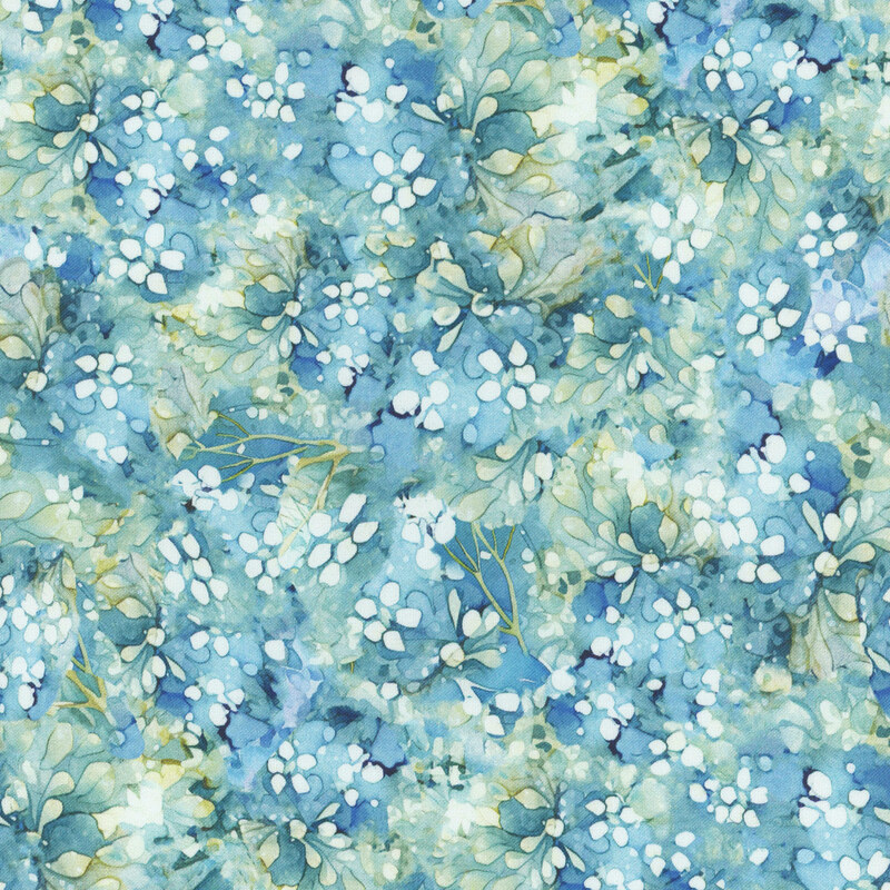 A watercolor pattern of abstract white flowers with green leaves on a soft blue mottled background.