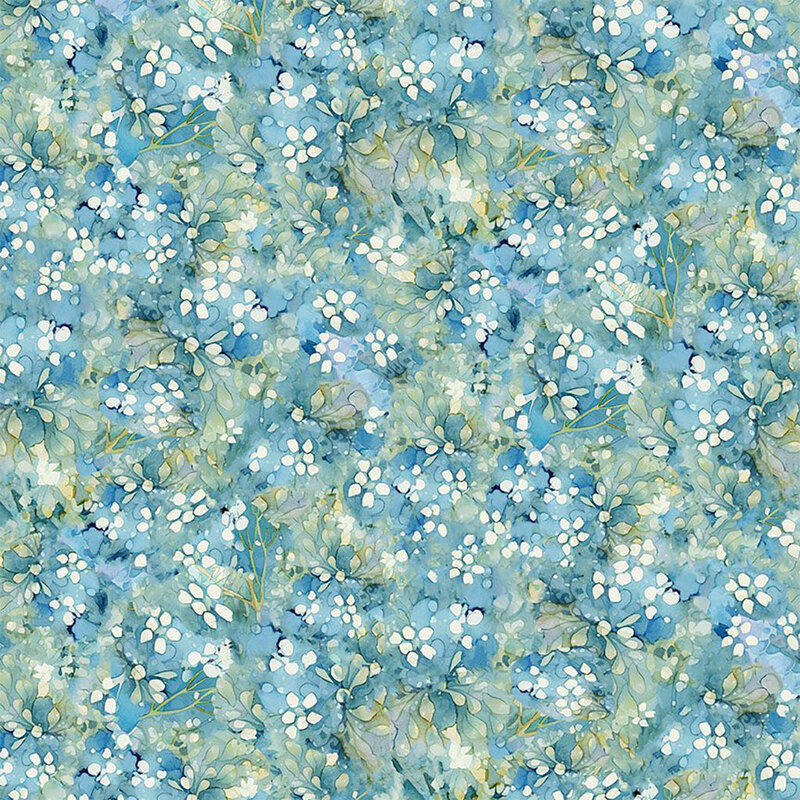 A watercolor pattern of abstract white flowers with green leaves on a soft blue mottled background.