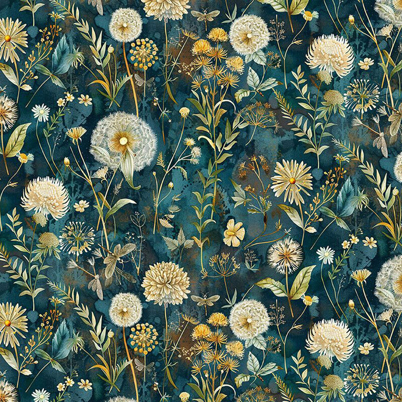 White and yellow chrysanthemum and dandelion flowers scattered across a mottled midnight blue background.