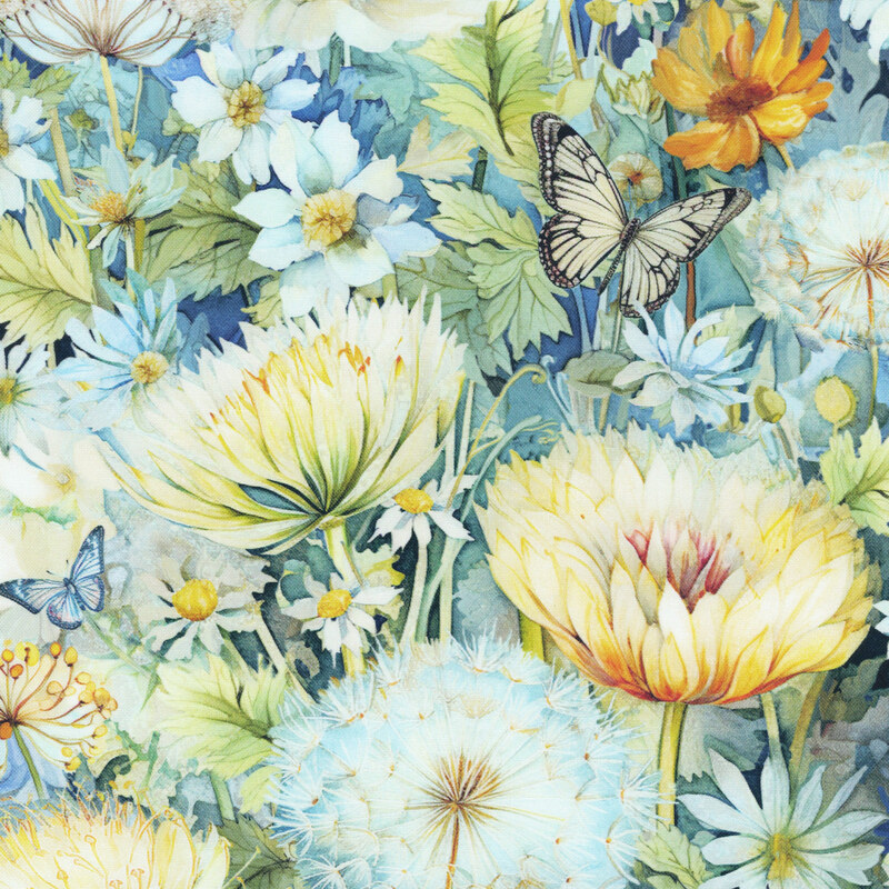 Multicolored fabric with blue and yellow butterflies dotted between large watercolor flowers.