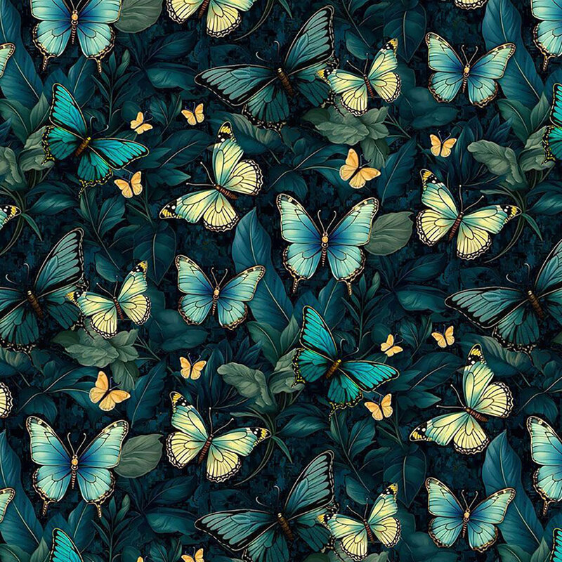 Yellow and blue butterflies on a midnight blue leafy background.