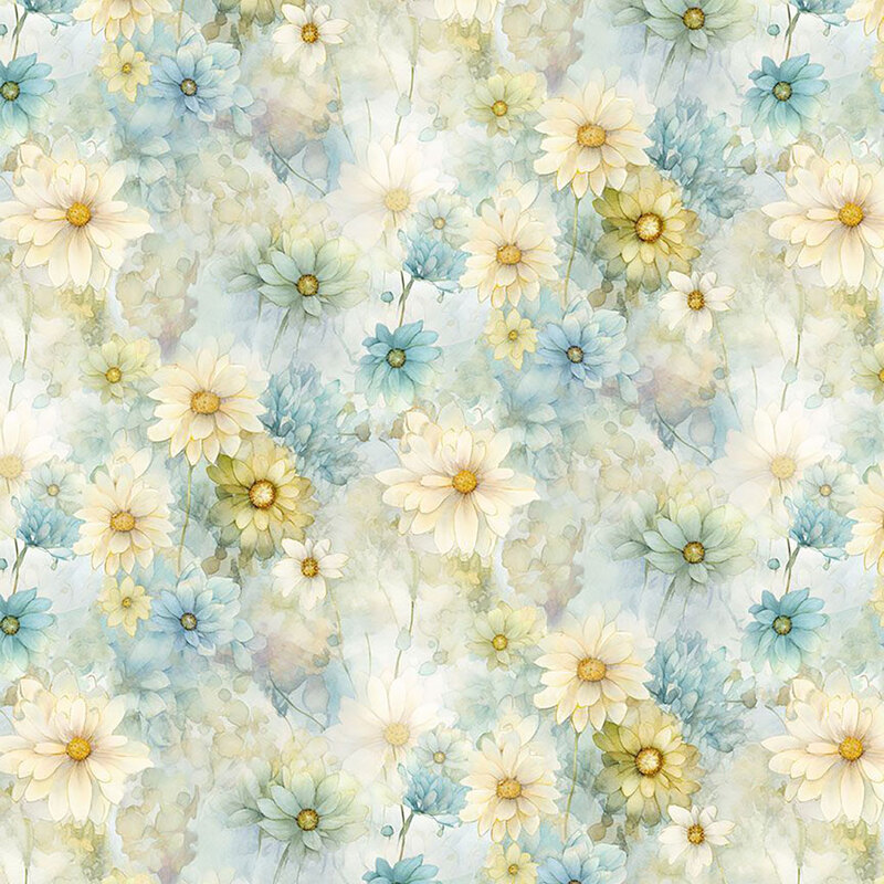 Watercolor-like blue, white, and yellow flowers on a translucent background.