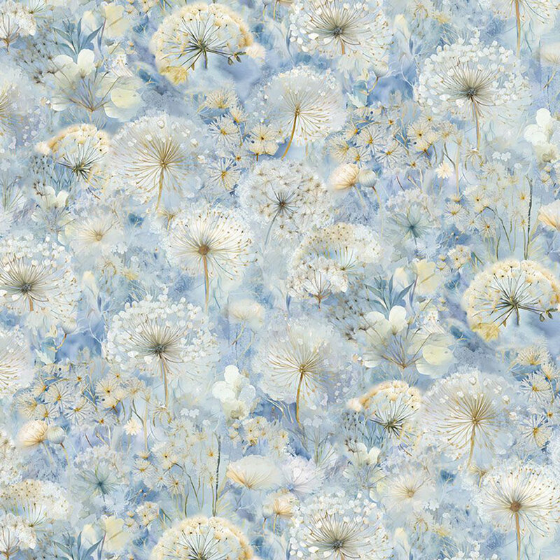 White dandelions densely packed across a sky blue background.