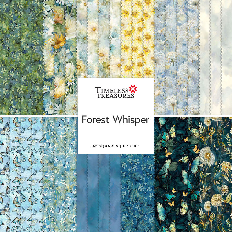 A collage of the fabrics included in the Forest Whisper 10