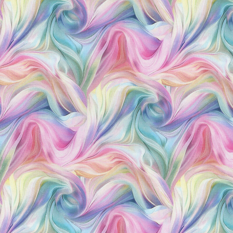 Abstract pattern of swirling pastel colors in shades of pink, blue, yellow, and green creating a fluid design.
