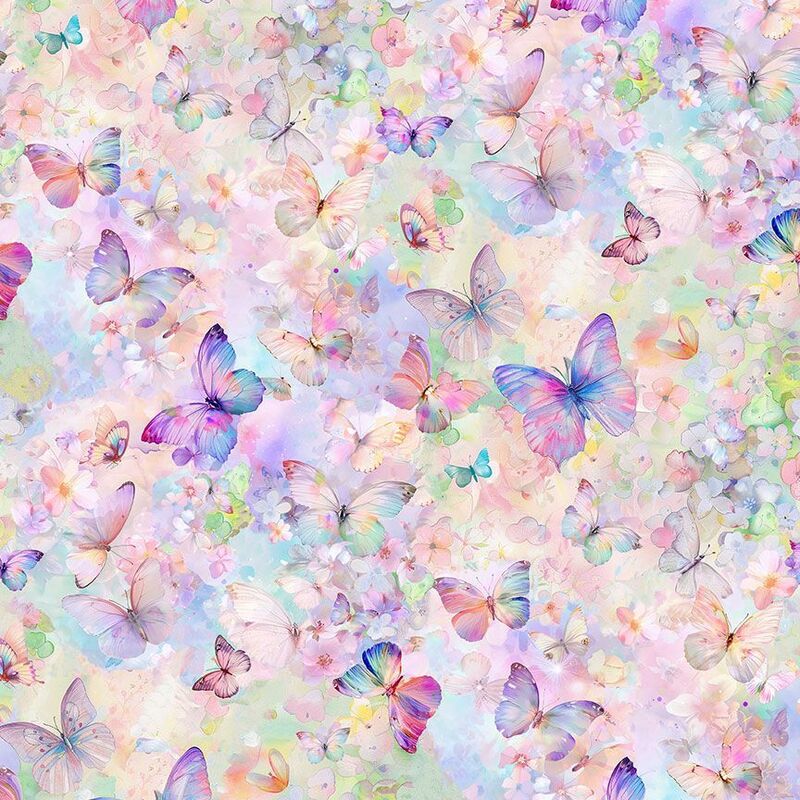 A colorful pattern of various butterflies on a pastel floral background.