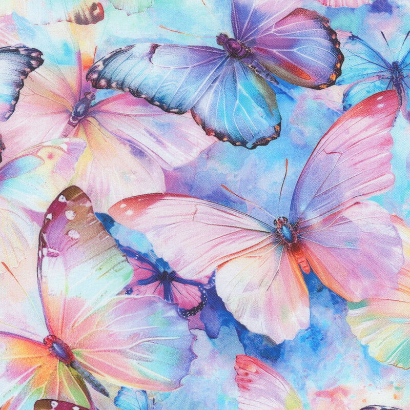 A vibrant pattern of colorful butterflies of various shapes and sizes against a colorful textured background.