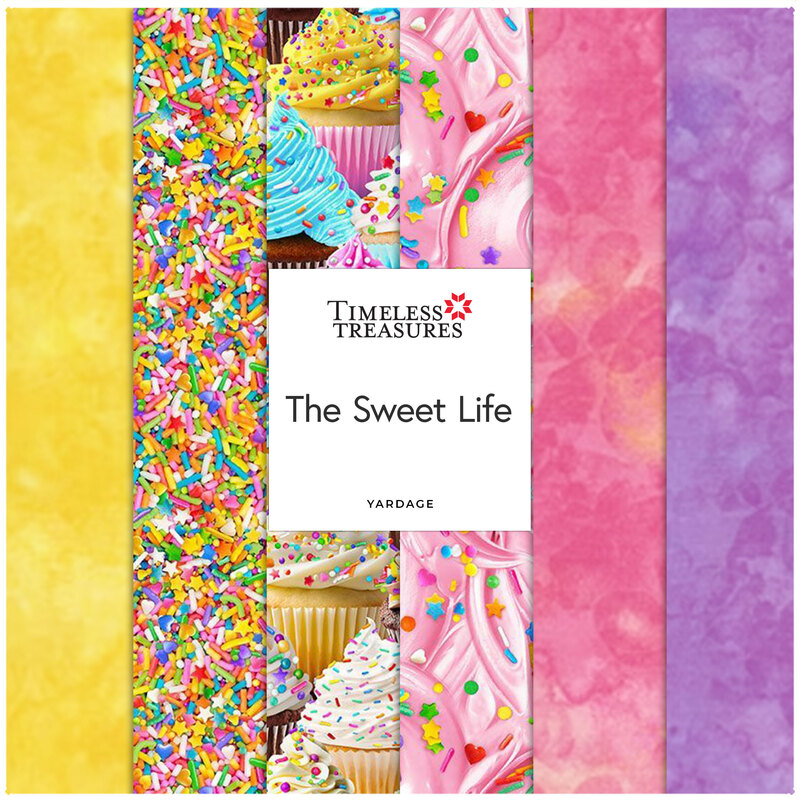 Colorful fabric patterns featuring cupcakes, sprinkles, and pastel textures titled The Sweet Life.