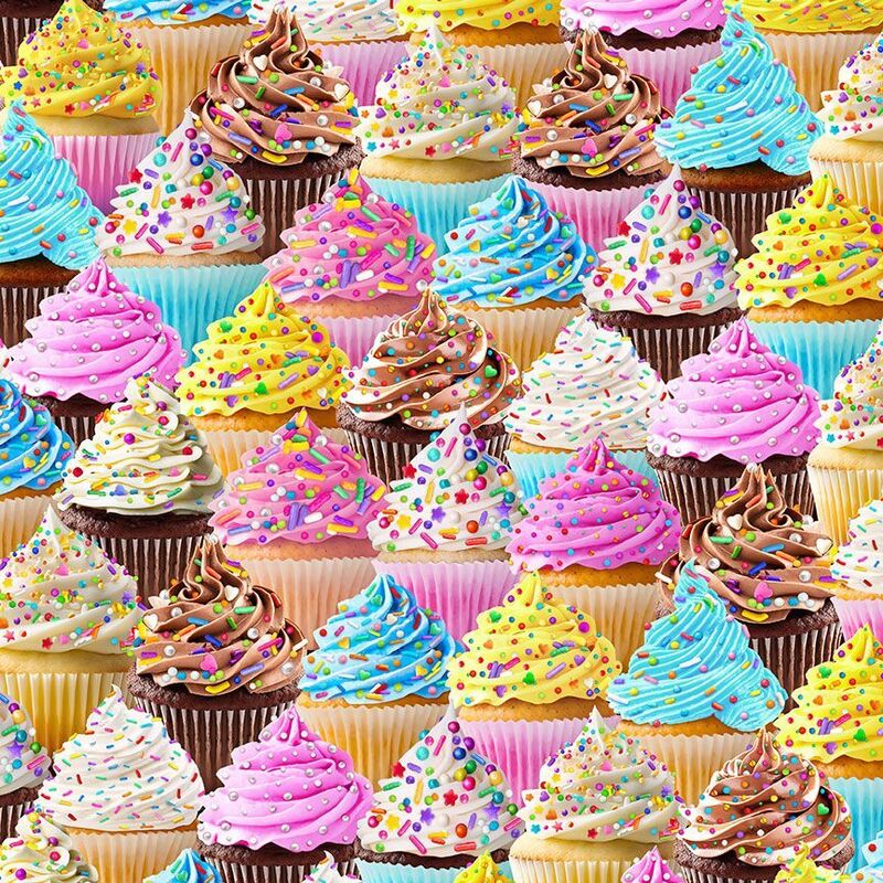 Colorful cupcakes with swirls of frosting in pink, blue, yellow, and chocolate, covered in sprinkles.