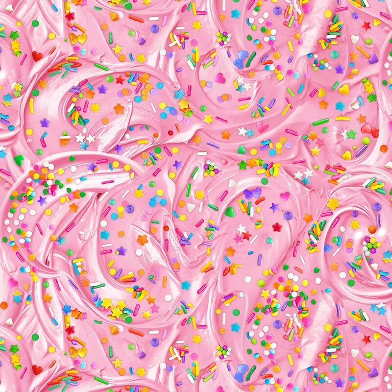 Abstract pink background featuring swirling icing and colorful sprinkles scattered throughout.